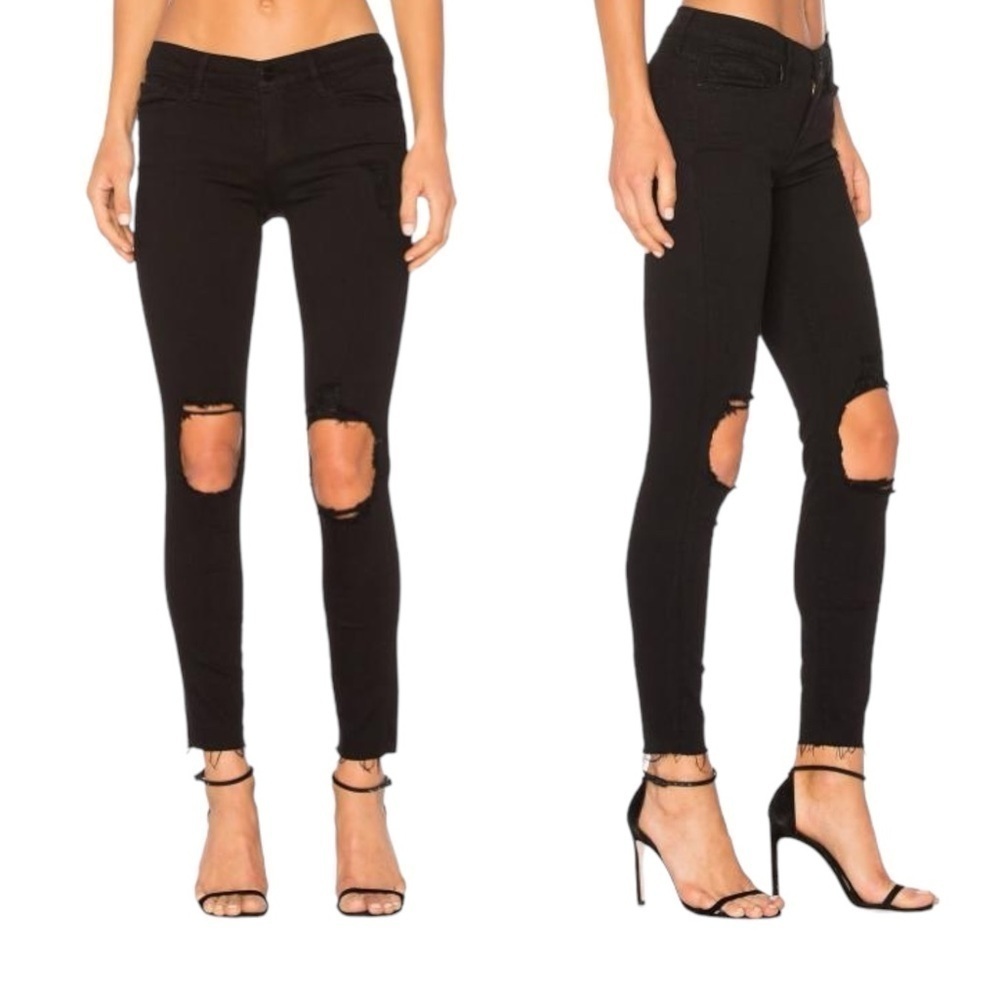 Frame Le Skinny de Jeanne Crop Distressed Denim Jeans Womens 27 Black Lord Noir